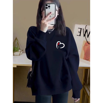 藏蓝色宽松美式正肩圆领卫衣女2025秋冬新款欧货大码加绒加厚外套