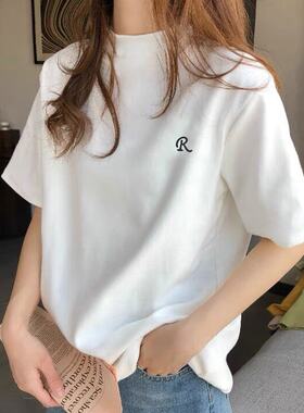 短袖T恤女白色宽松欧货2026半高领印花上衣遮肚子内搭大码半高领