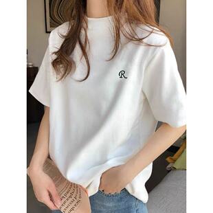 短袖 半高领 T恤女白色宽松欧货2026半高领印花上衣遮肚子内搭大码