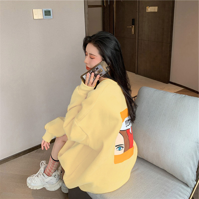 春秋薄款黄色遮屁股卫衣女宽松中长款2025新款潮ins无帽加绒加厚