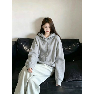 纯色连帽卫衣女加绒加厚中长款宽松2026秋冬季新款设计感百搭帽衫