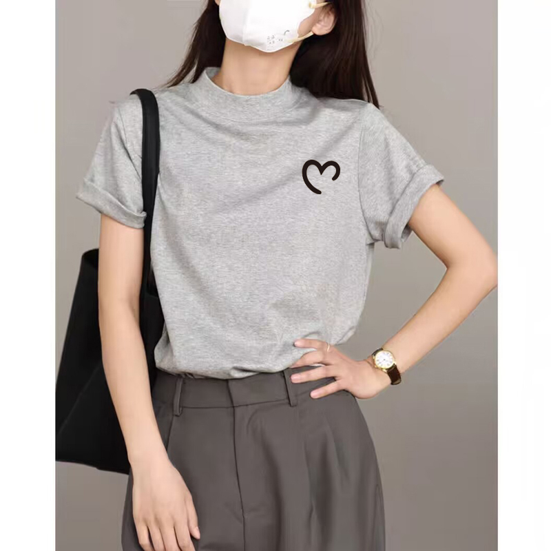 半高领纯棉短袖白色t恤女夏季2025新款设计感小众大码体恤上衣服