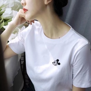 正肩打底上衣 ins超火米奇t恤女白色短袖 纯棉百搭2025夏季 新款 韩版