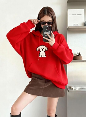 红色连帽卫衣女加绒加厚秋冬保暖宽松慵懒设计感圣诞小狗印花上衣
