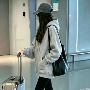 美式休闲慵懒风灰色连帽卫衣女秋冬季中长款宽松帽衫加绒加厚上衣