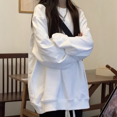 加绒无帽卫衣女2026新款秋冬季保暖加厚大码宽松白色流行圆领上衣