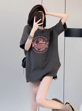 深灰色高级感女士纯棉短袖t恤女2026夏季新款宽松欧货大版上衣潮
