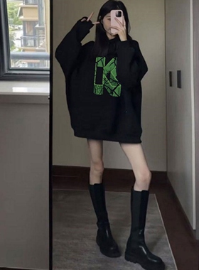 大码高端卫衣女秋冬加绒加厚2025新款美式宽松中长款黑色连帽外套