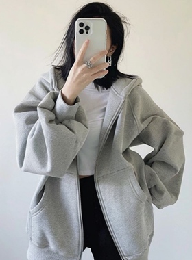 灰色连帽重磅卫衣外套女2025韩版宽松秋冬加绒加厚开衫拉链上衣潮