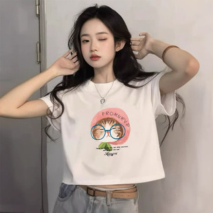 t恤女夏季 棉质设计感时尚 正肩白色高腰短款 2025新款 上衣 短袖 小衫