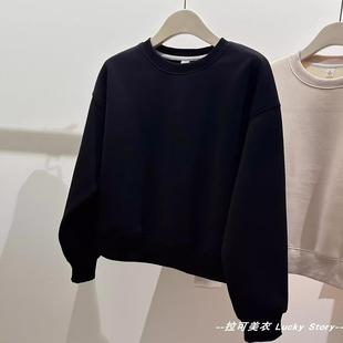 早春美式黑色时尚宽松圆领卫衣2026春新款女装圆领长袖小个子短款