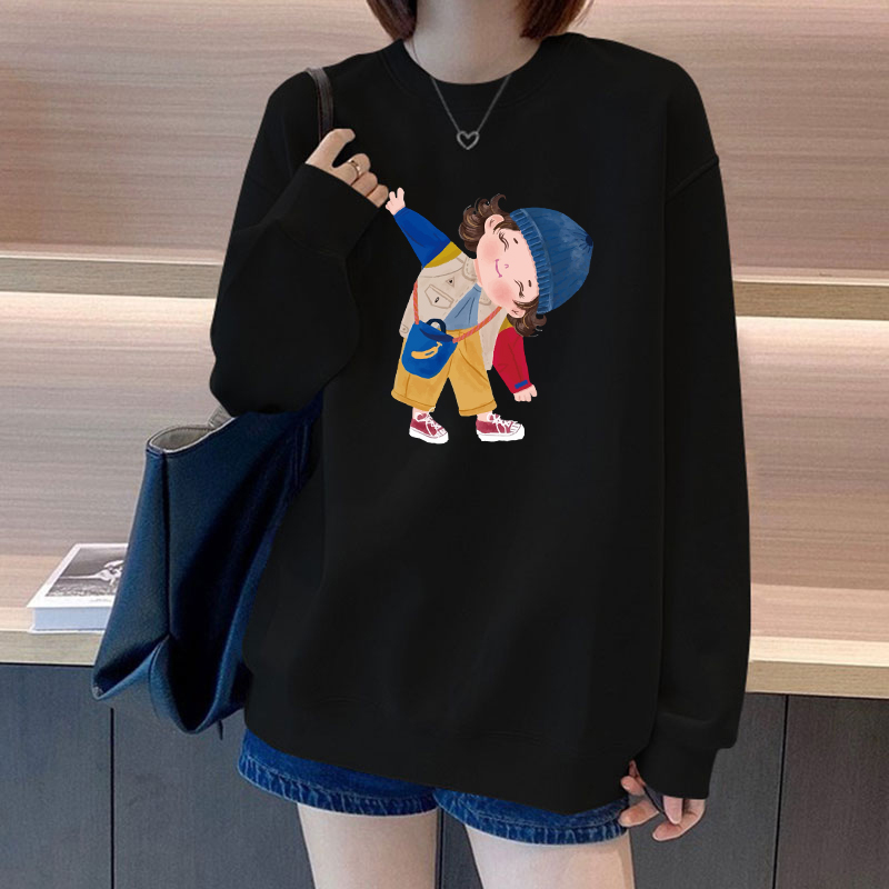黑色套头圆领卫衣女宽松慵懒风无帽早秋薄款新款2025爆款加绒上衣