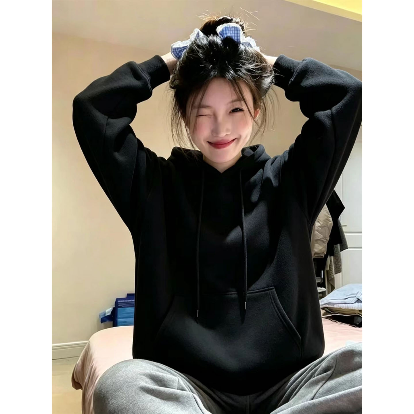 美式重磅黑色连帽加厚女卫衣图片