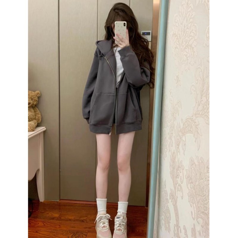 美式复古连帽卫衣外套女秋季2026新款高级感宽松拉链开衫薄款上衣图片