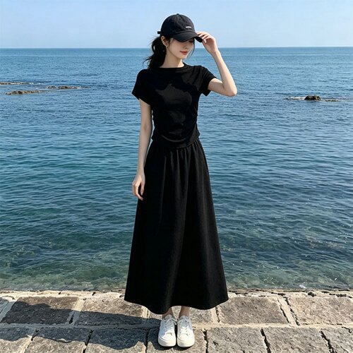 韩系简约黑色短袖t恤女2026夏季新款收腰褶皱气质日常穿搭上衣ins