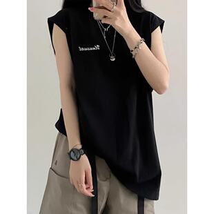 外穿休闲宽松显瘦黑色无袖 背心女夏季 t恤上衣潮 坎肩短袖 复古美式