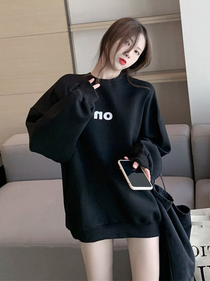 黑色加绒加厚卫衣bf韩版宽松中长