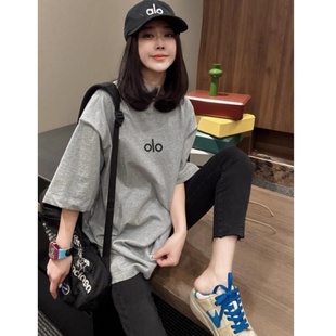t恤女2025夏季 短袖 字母印花宽松休闲上衣 纯棉百搭灰色中长款 韩版