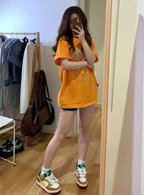 橙色美式短袖oversize女春夏季宽松原创设计t恤正肩幂式穿搭上衣