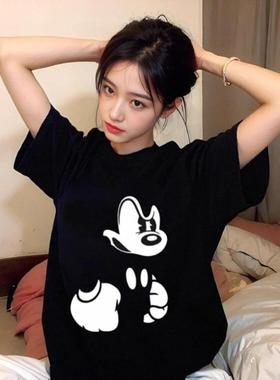 黑色纯棉米奇重磅短袖t恤女2025春新款宽松复古夏设计感小众上衣