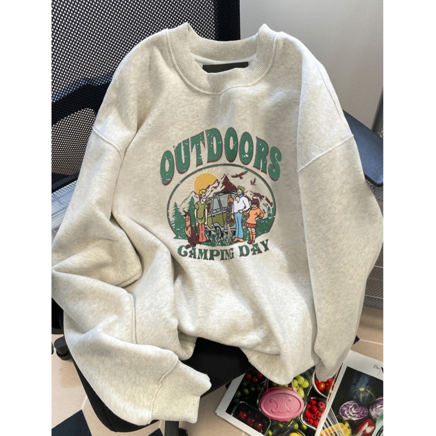 韩系设计感减龄印花圆领无帽卫衣女秋冬加绒加厚大码保暖长袖上衣