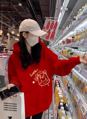 红色连帽卫衣中长款女2025新款卡通印花宽松大码本命年新年外套冬