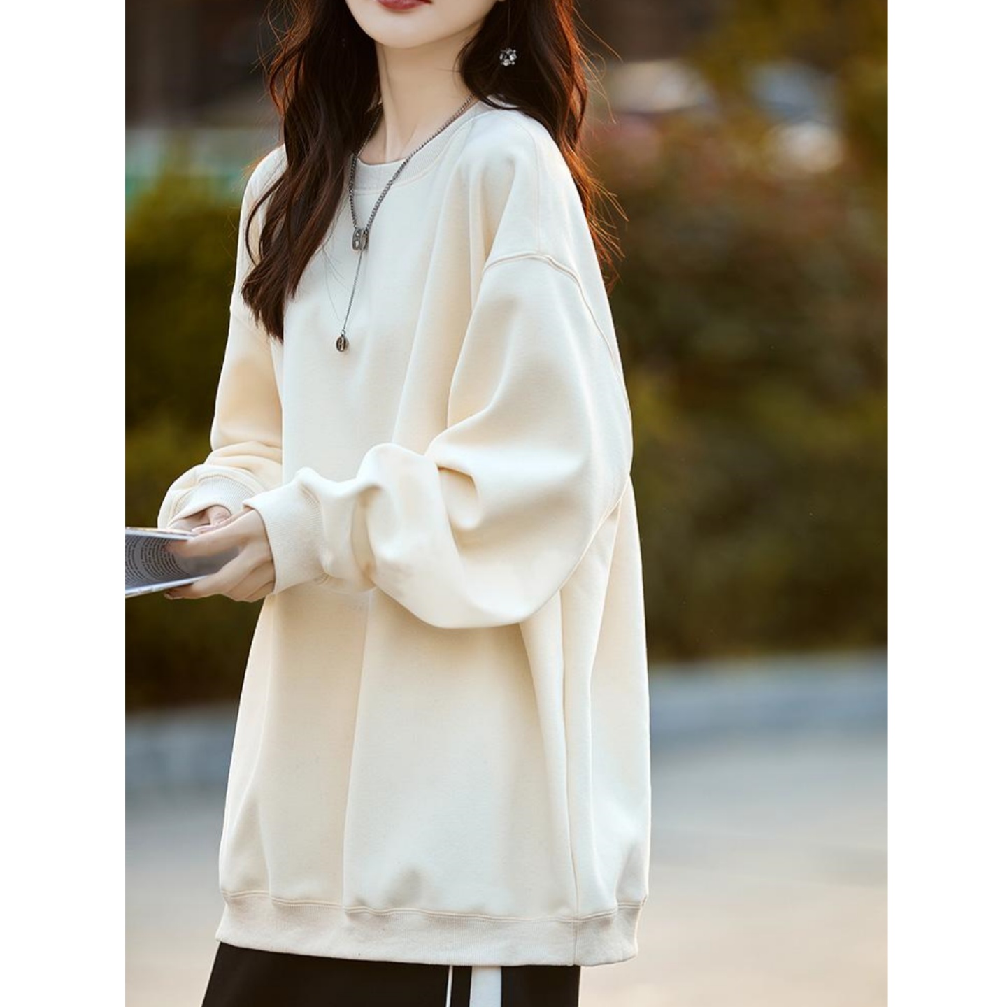 秋冬款高端纯色重磅卫衣女中长款遮屁股宽松大码加绒加厚圆领打底