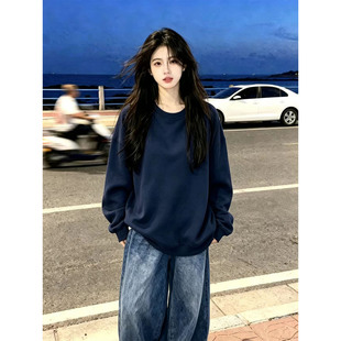 藏蓝色秋冬季加绒圆领卫衣女2026新款宽松纯色叠穿中长款长袖上衣