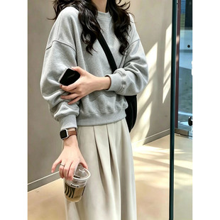 韩版加绒短款圆领卫衣女2026新款秋冬季长袖套头显瘦百搭无帽上衣