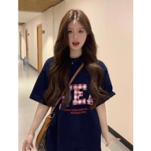 短袖t恤女夏藏蓝色2025新款爆款宽松显瘦半袖纯棉设计感百搭上衣