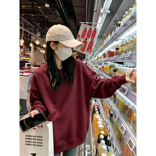 酒红加绒加厚本命年卫衣女宽松