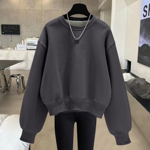 灰色上衣宽松长袖 2025新款 美式 薄款 圆领套头卫衣女加绒秋冬 早秋季