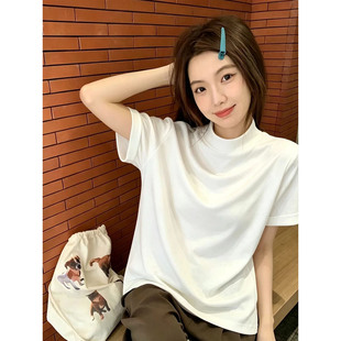秋季穿搭高级感白色短袖t恤女2026新款常规款半高领打底衫上衣ins