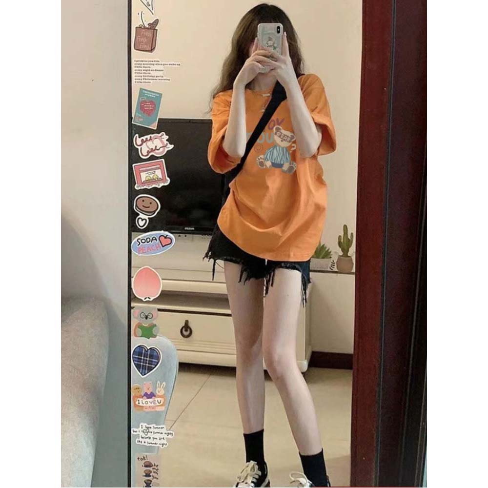 橘色纯棉短袖t恤女2025新款夏季小熊设计感小众宽松韩系少女上衣