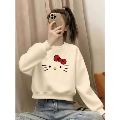 杏色卡Kitty圆领短款卫衣女秋冬保暖小个子宽松显瘦加绒加厚上衣