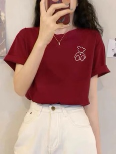 t恤女宽松印花小熊100%纯棉半袖 白短袖 百搭体恤ins潮 新款 2025夏季