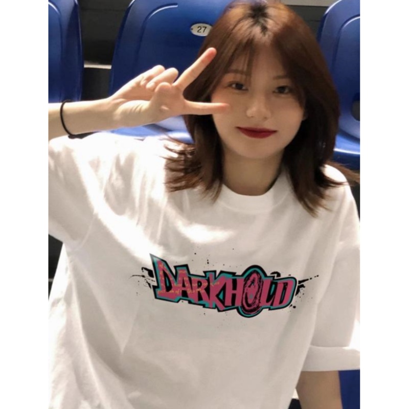 正肩短袖t恤女夏日白色2025新款美式潮牌宽松韩版慵懒风简约上衣