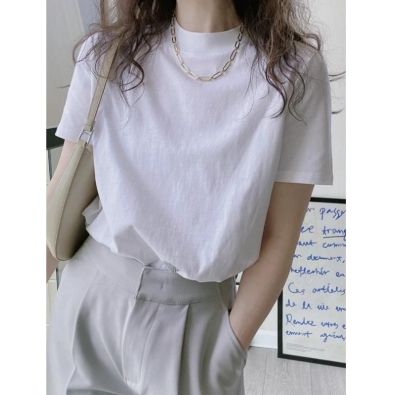 高级感白色半高领短袖正肩t恤女夏纯棉纯色半袖打底衫基础款上衣