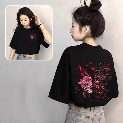 纯棉黑色t恤女短袖2025新款爆款夏季蝴蝶印花宽松设计感小众上衣