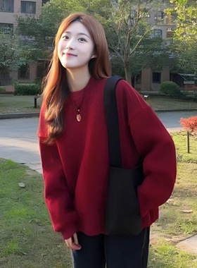 美式马年本命年红色韩系宽松bf慵懒风圆领卫衣女冬季加绒保暖上衣