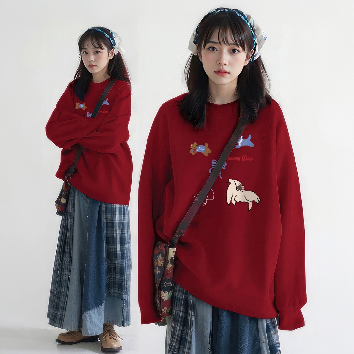 红色卫衣女小狗印花2026新款爆款秋冬季马年新年加绒圆领无帽上衣,女装/女士精品,卫衣/绒衫,淘宝优惠券,粉丝福利购,淘宝优惠卷