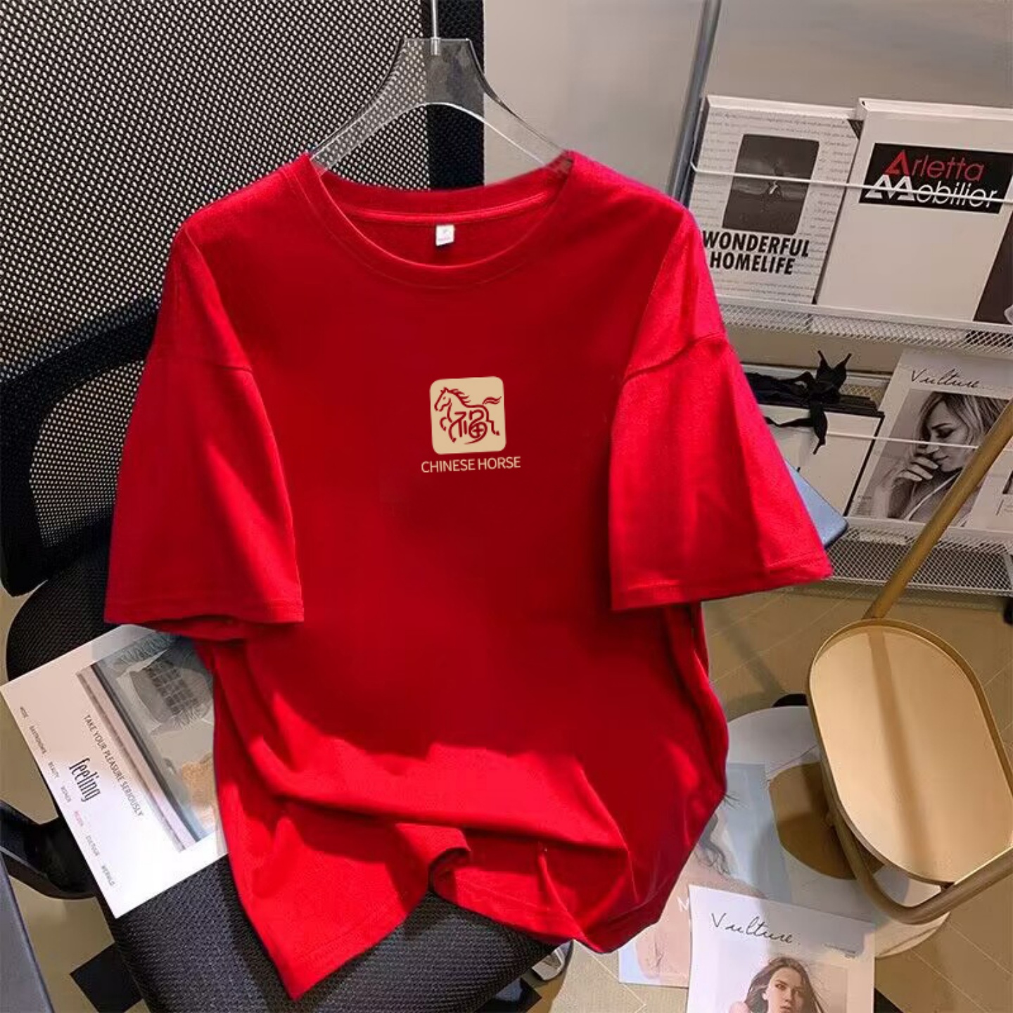 红色福字印花圆领短袖t恤女2026爆款马年本命年宽松大版过年上衣