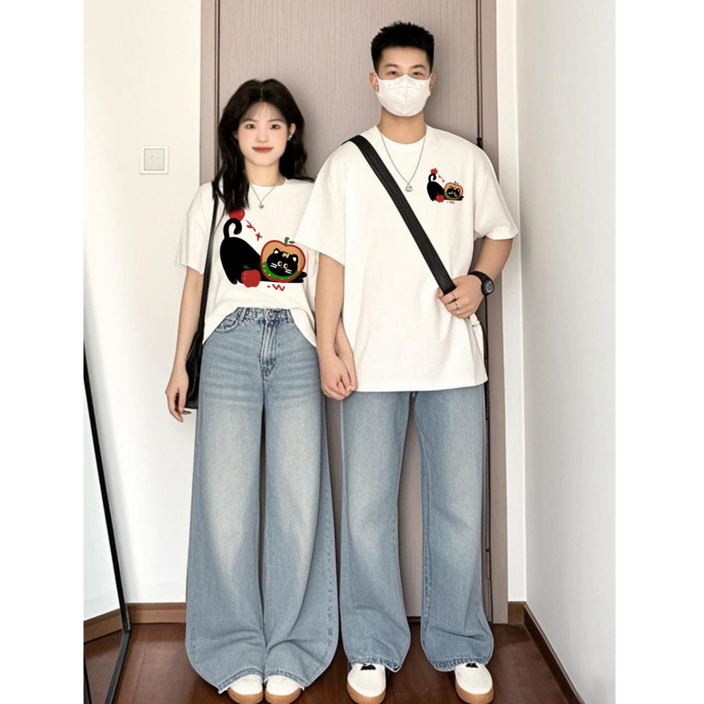 超火卡通猫咪印花t恤女2026新款短袖白色高级感小众设计感情侣装