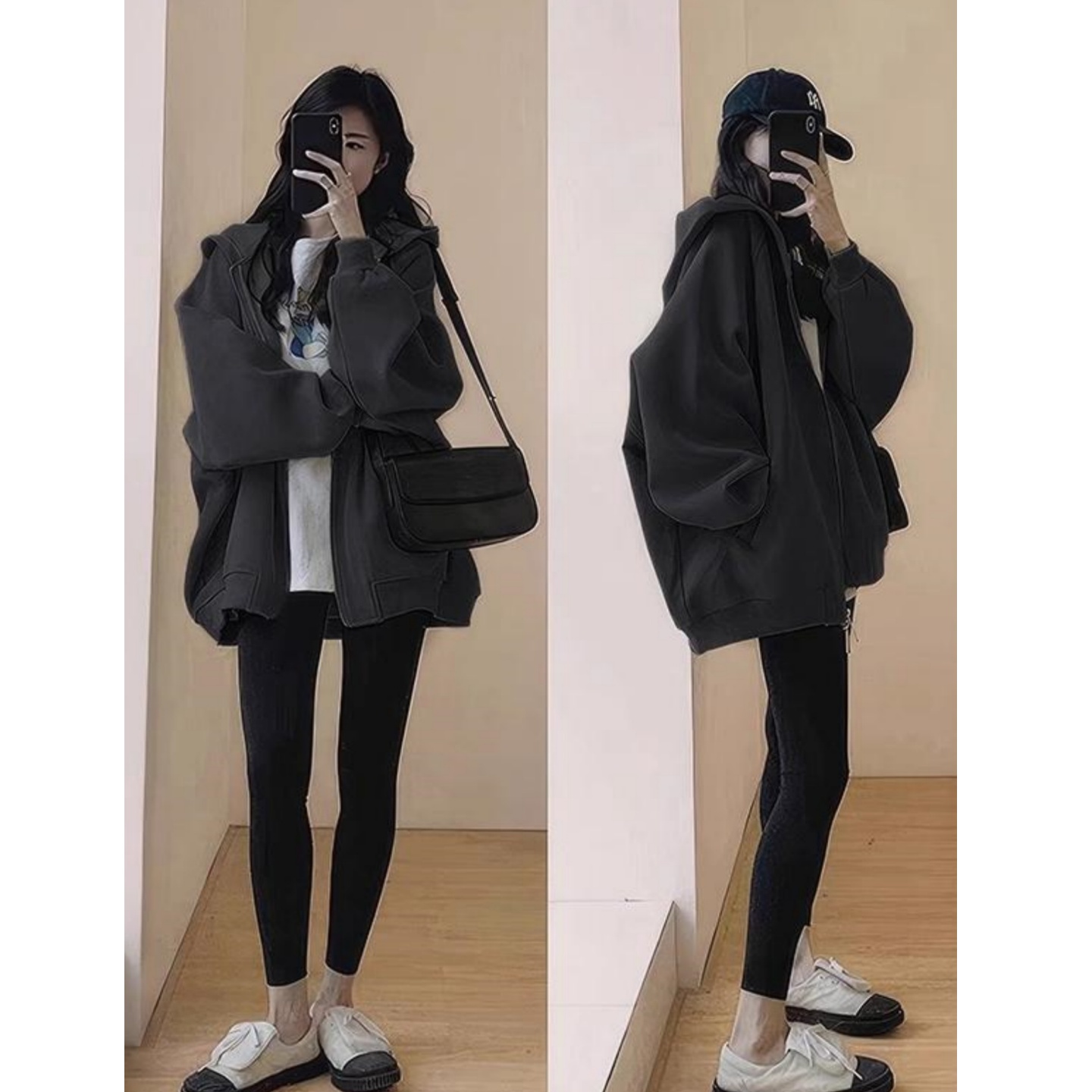 深灰色连帽卫衣外套女秋冬2025新款爆款宽松上衣加绒加厚保暖开衫