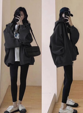 深灰色连帽卫衣外套女秋冬2025新款爆款宽松上衣加绒加厚保暖开衫