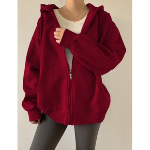 香港红色连帽卫衣女款秋季2026年新款宽松显瘦开衫外套巨好看上衣