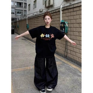 美式 上衣 高街纯棉黑色短袖 t恤女夏2025设计感小众宽松慵懒风半袖
