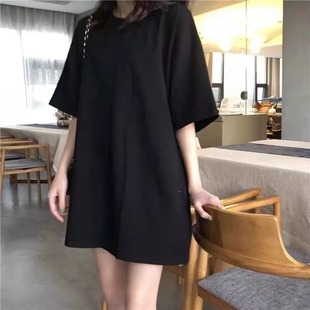 下衣失踪黑色上衣ins潮 欧货大版 纯棉t恤女短袖 夏季 宽松纯色中长款