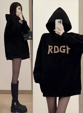 美式潮牌黑色连帽卫衣女秋冬季加绒加厚韩系慵懒风小个子宽松上衣