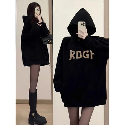 美式潮牌黑色连帽卫衣女秋冬季加绒加厚韩系慵懒风小个子宽松上衣